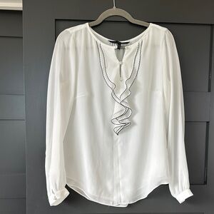 White House Black Market White Blouse with Ruffle Detail